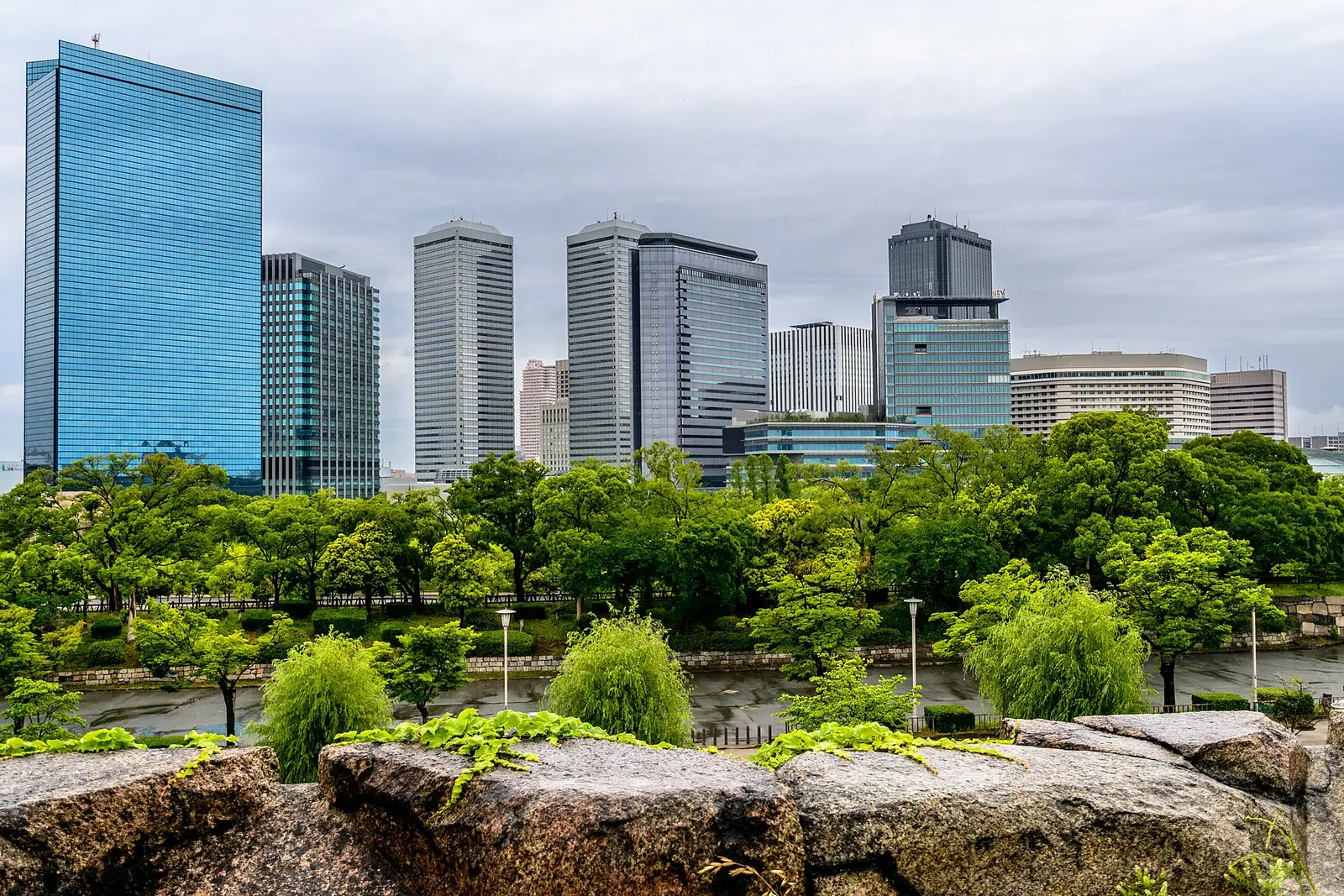 De hoge kantoortorens van Osaka boven het groen van het kasteelpark