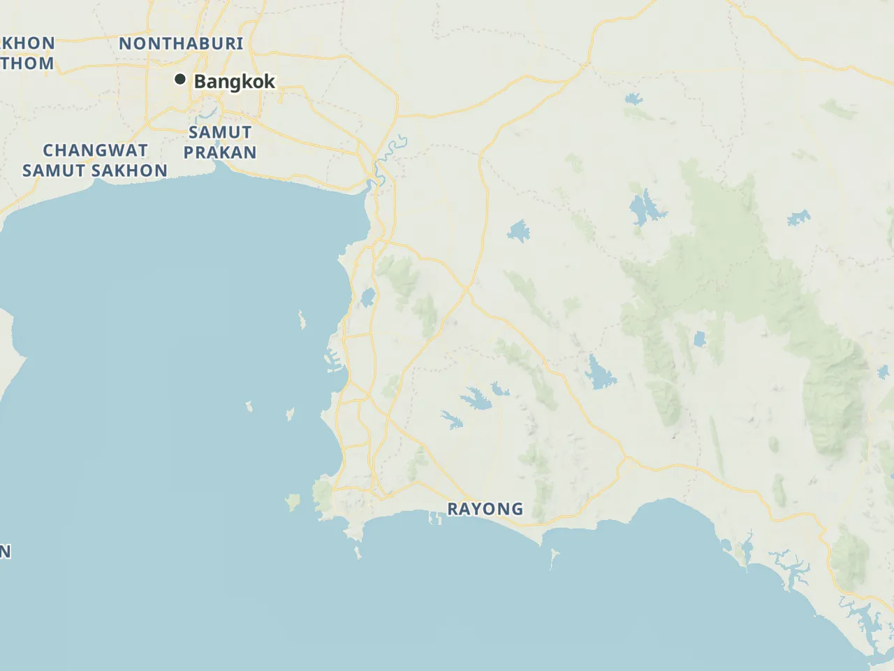 Kaart van de Golf van Thailand met Bangkok linksboven en Ko Samet rechtsonder